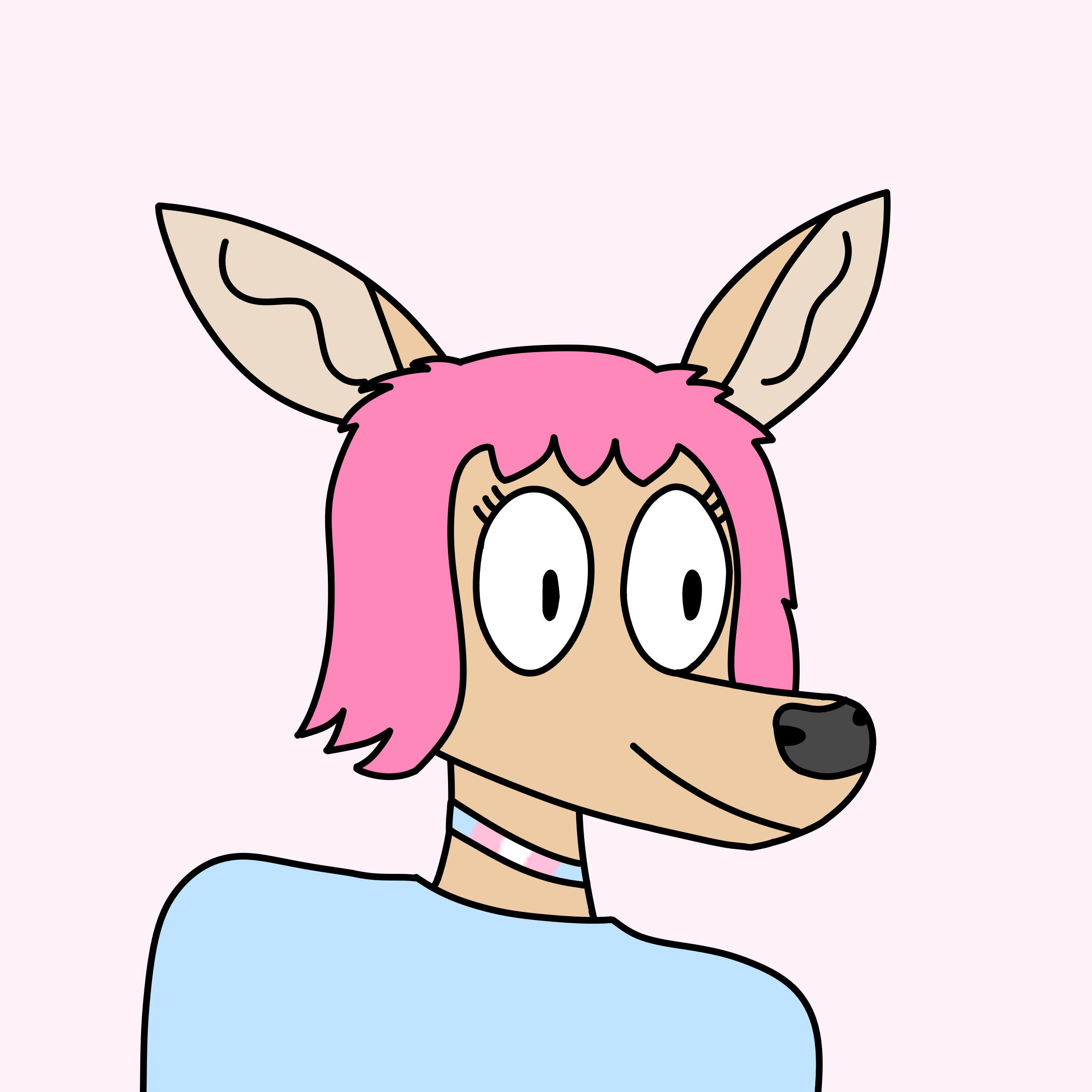 A doodle of my fursona, a doe with long pink hair, sitting at a laptop. She is wearing heart shaped shades, with a trans flag reflected on the lenses.